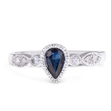 Milgrain Bezel-Set Pear Sapphire and Round Diamond Stackable Ring in 14K White Gold