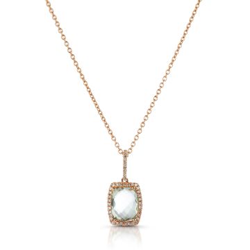 Cushion-Cut Prasiolite and Diamond Halo Pendant in 14K Rose Gold (9x7mm)