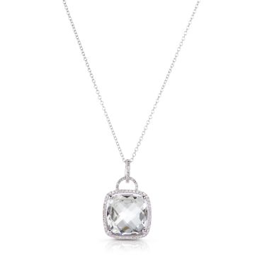 Cushion-Cut White Quartz and Diamond Halo Pendant in 14K White Gold (11mm)