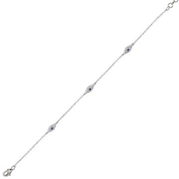 Petite Diamond and Blue Sapphire Evil Eye Station Bracelet in 14K White Gold