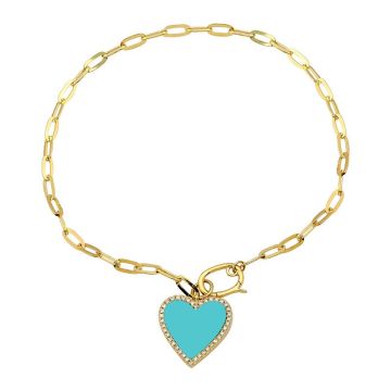 Turquoise Diamond Heart Charm on Paper Clip Link Bracelet in 14K Yellow Gold