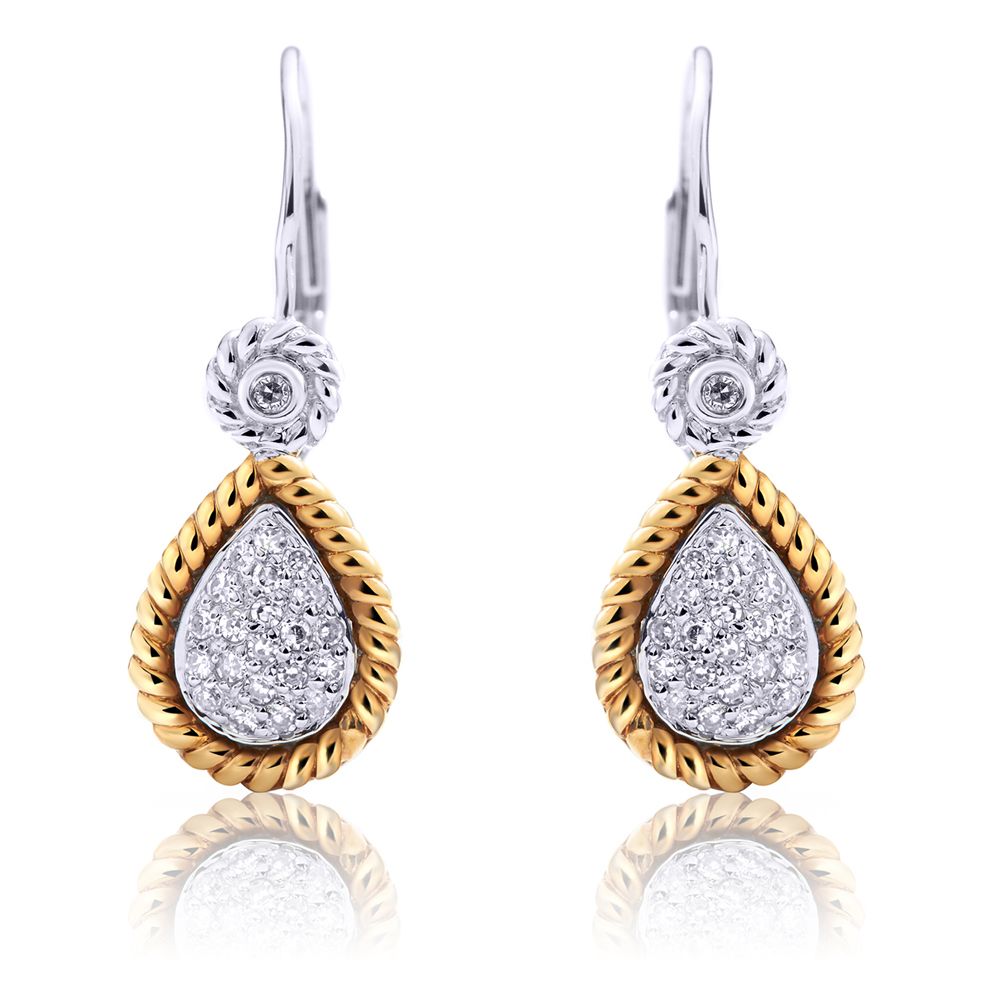 Two-Tone Teardrop Diamond Drop Earrings in 14K White and Yellow Gold (0.17ct)