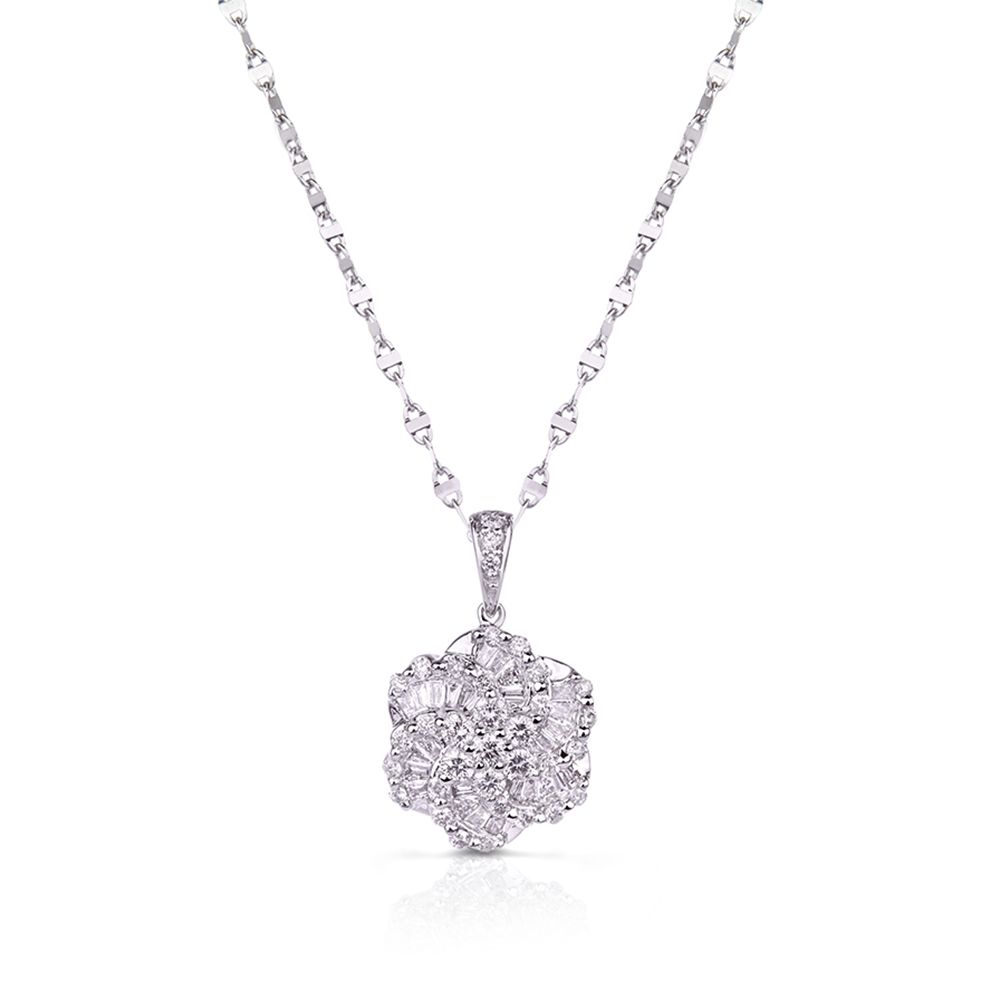 Baguette and Round Diamond Swirl Pendant in 18K White Gold (0.78ct)