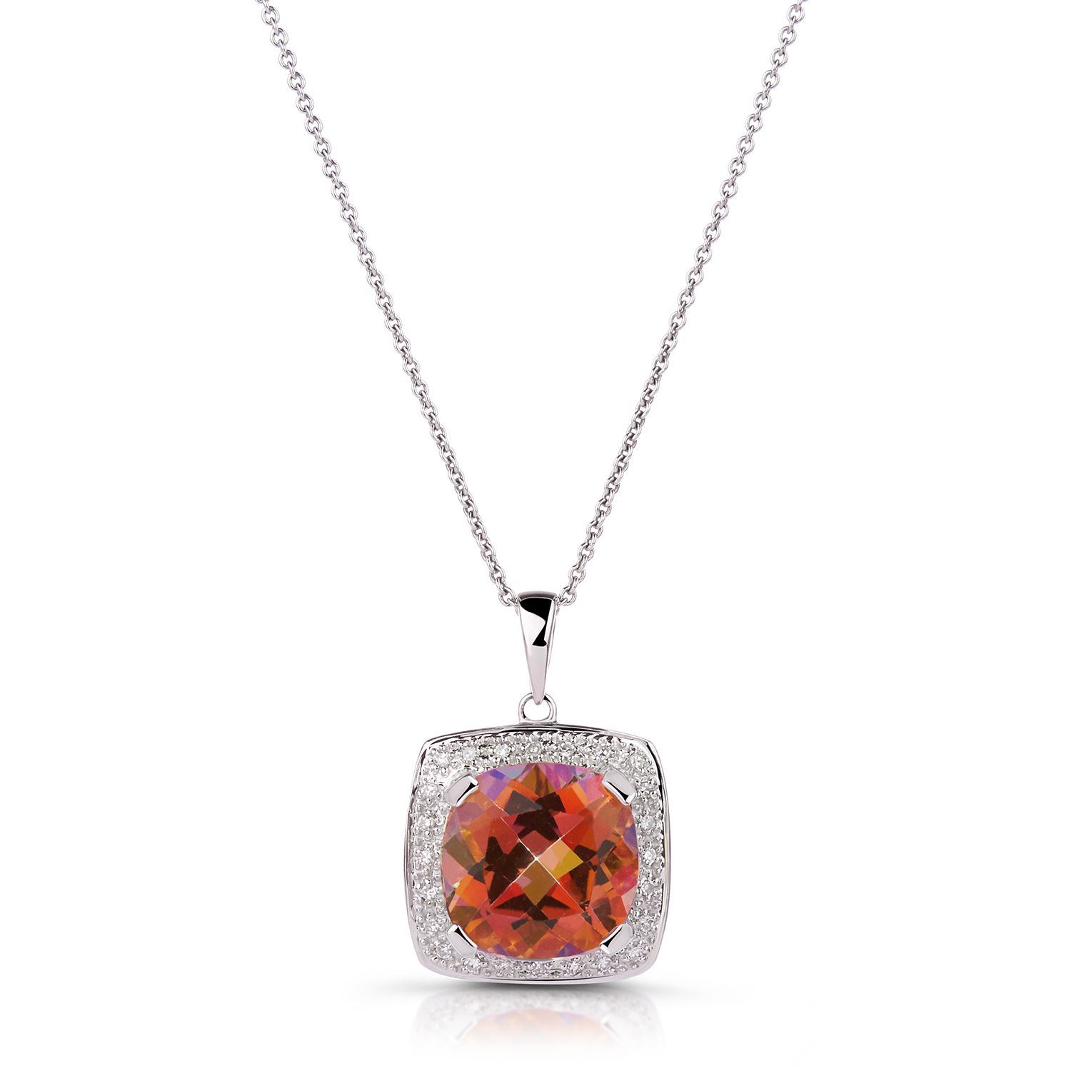 Fire Topaz Citrine and Diamond Square Pendant in 14K White Gold (12mm)