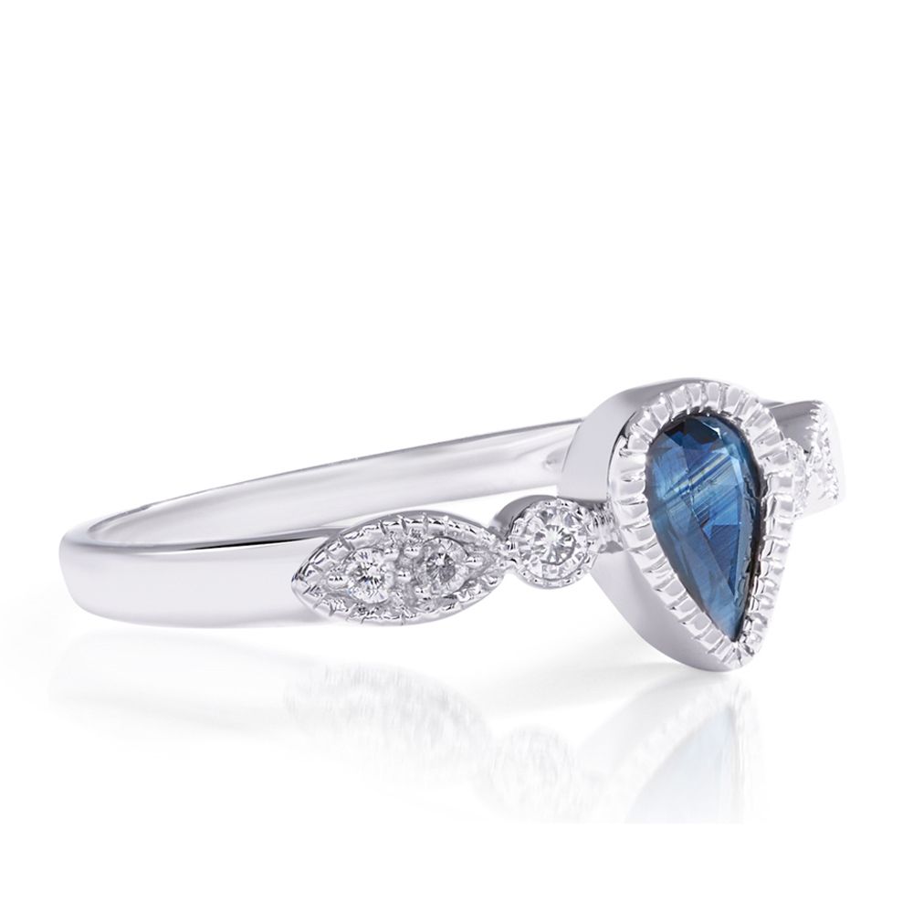 Milgrain Bezel-Set Pear Sapphire and Round Diamond Stackable Ring in 14K White Gold