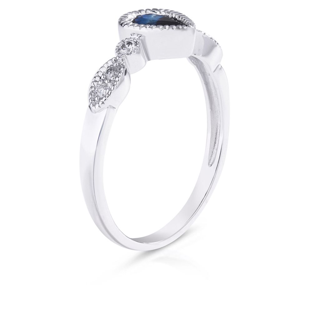Milgrain Bezel-Set Pear Sapphire and Round Diamond Stackable Ring in 14K White Gold