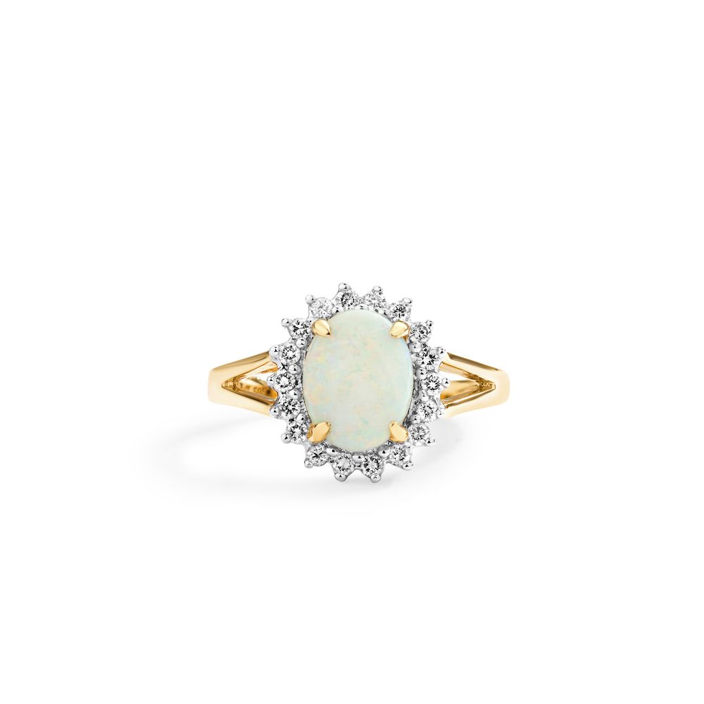 Oval Opal and Starburst Diamond Halo Ring in 14K Yellow Gold