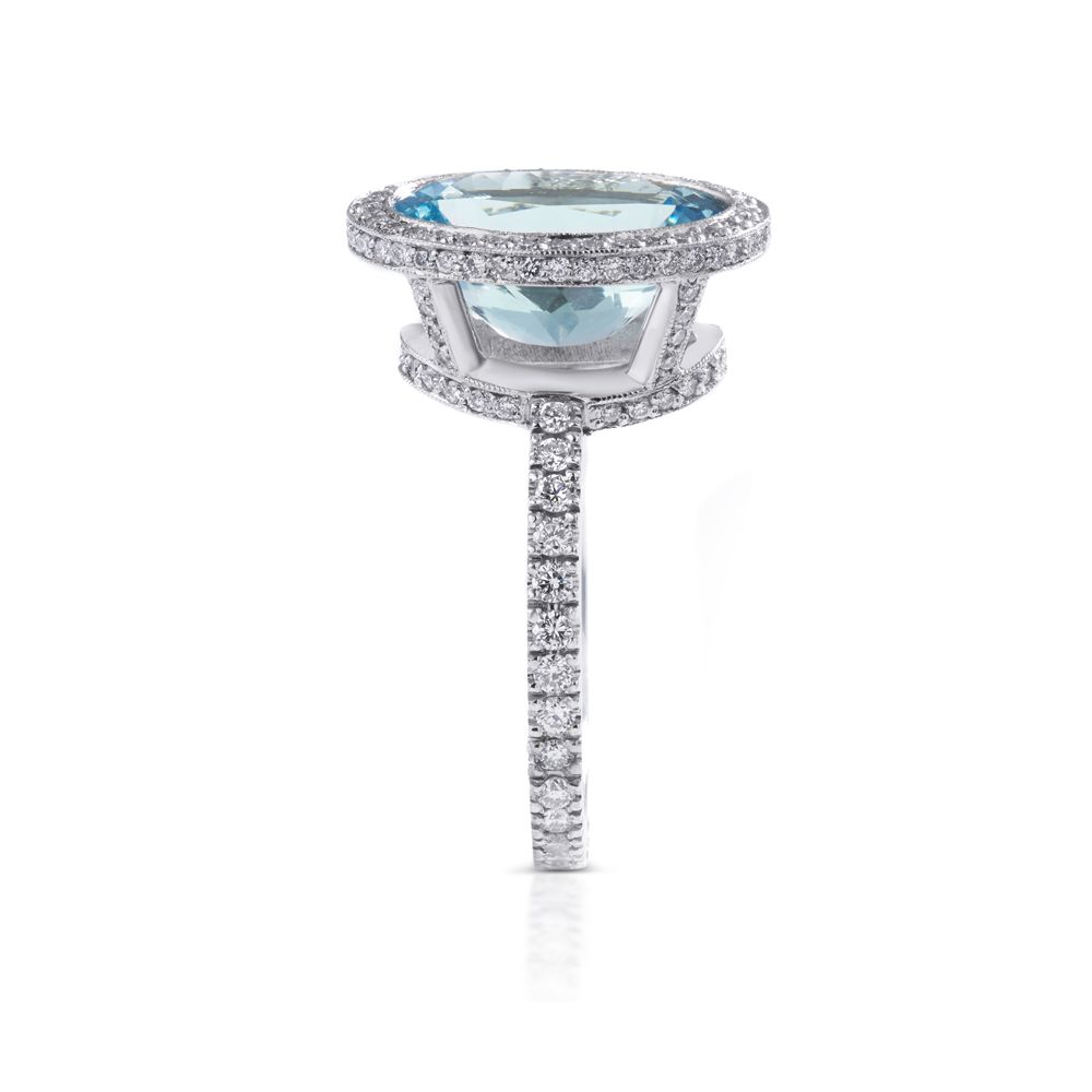 Oval Blue Topaz Diamond Halo Eternity Ring in 18K White Gold and Platinum