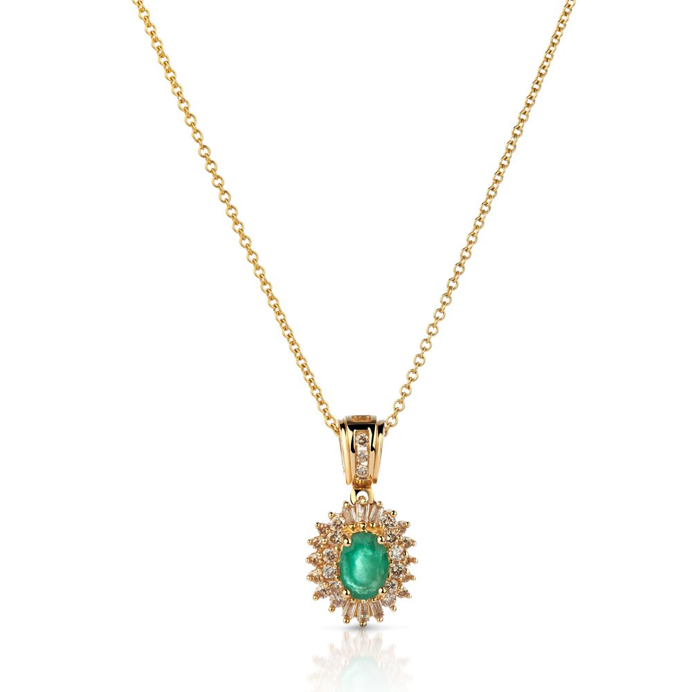 Oval Emerald and Double Diamond Halo Pendant in 14K Yellow Gold (7x5mm)
