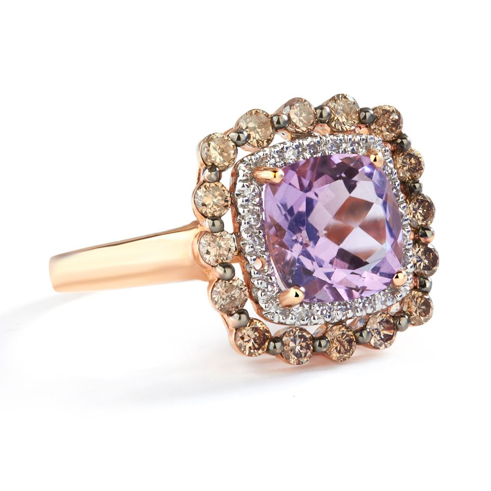 Double Halo Amethyst and Diamond Ring in 14K Rose Gold