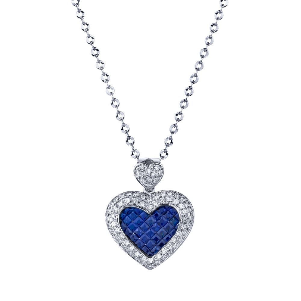 Sapphire and Diamond Heart Pendant in 18K White Gold