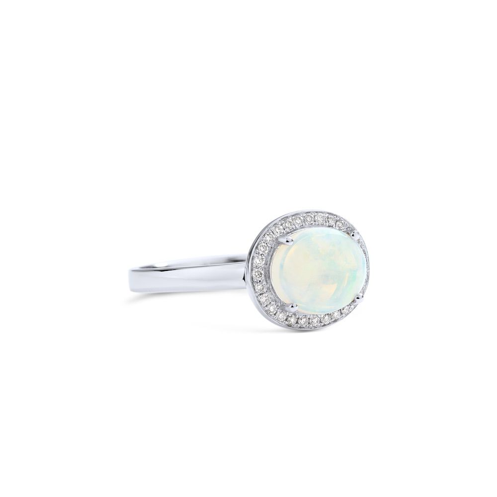 East-West Oval Opal and Diamond Halo Ring in 14K White Gold