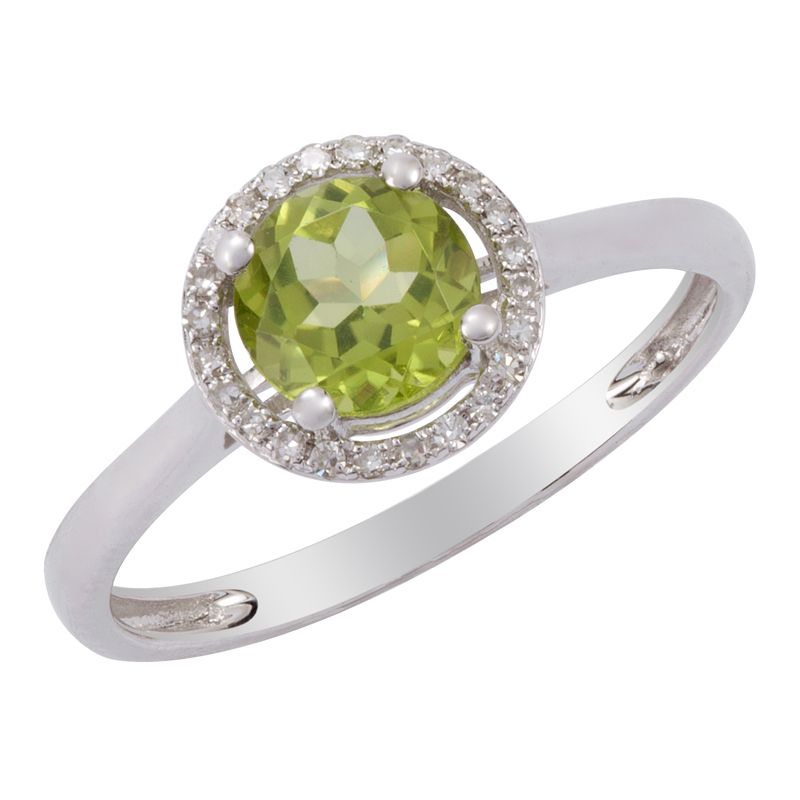 Round Peridot and Diamond Halo Ring in 14K White Gold (6mm)