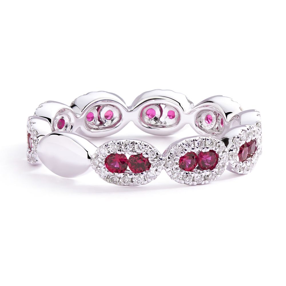 Double Ruby and Diamond Halo Stackable Ring in 18K White Gold (4mm)