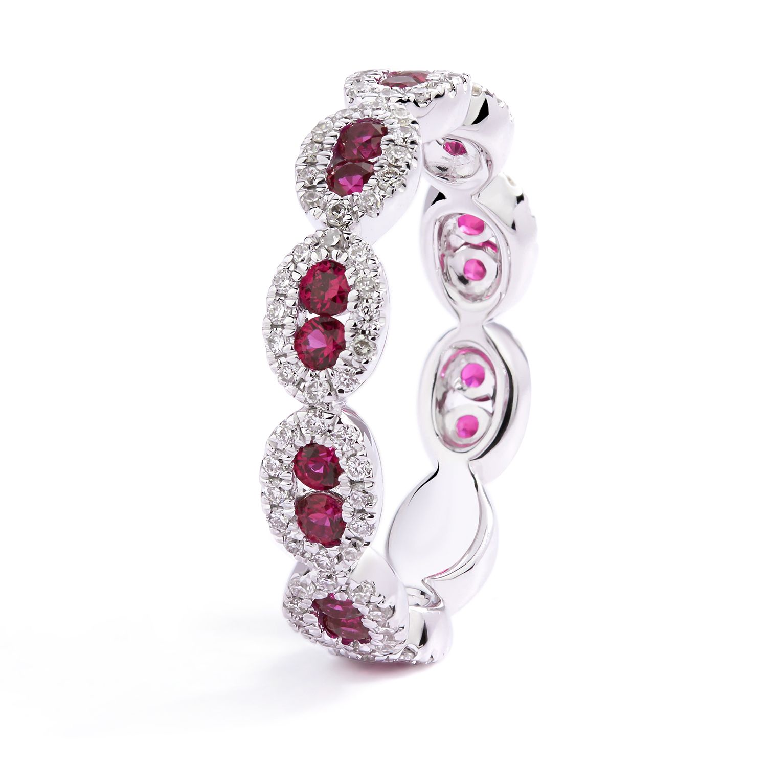 Double Ruby and Diamond Halo Stackable Ring in 18K White Gold (4mm)