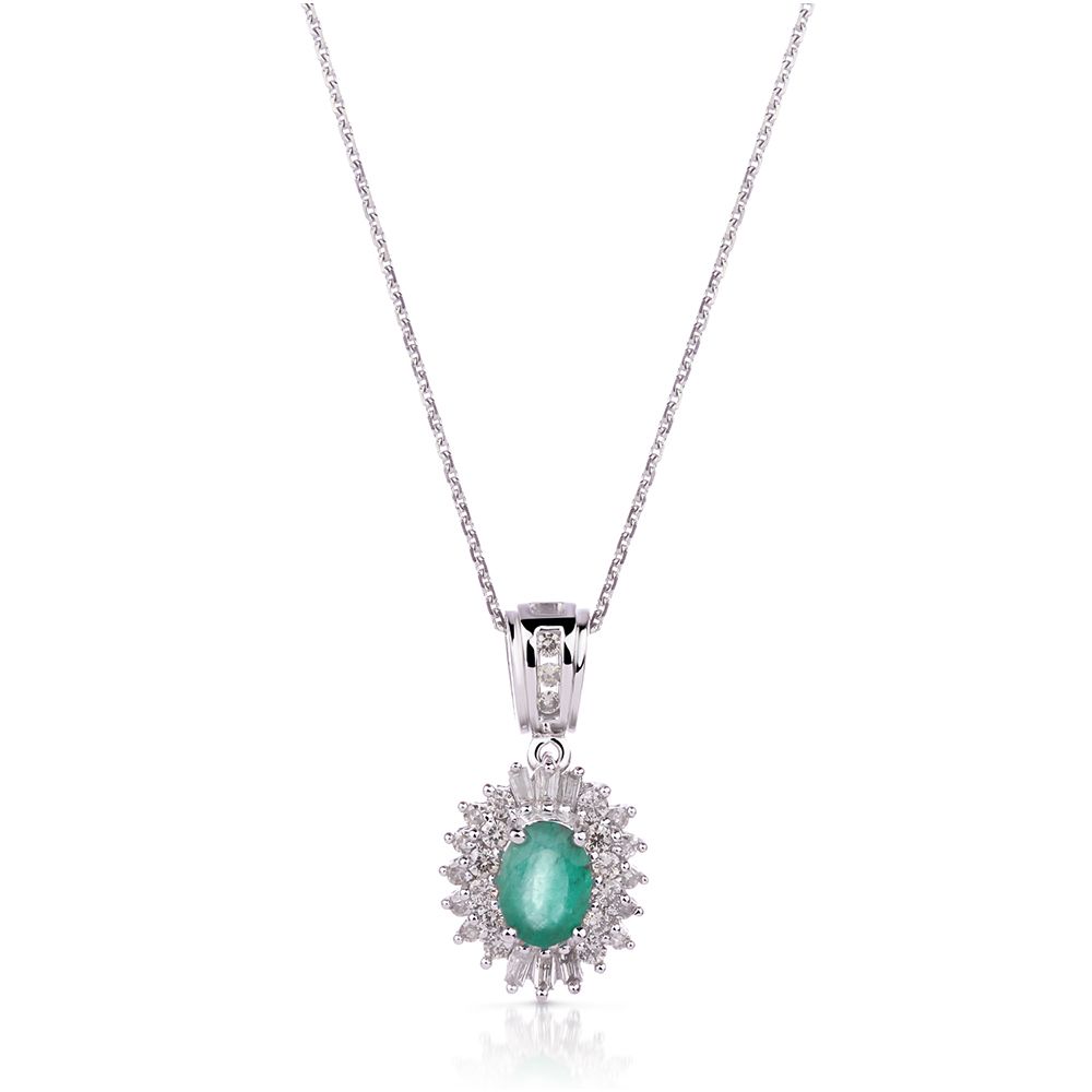 Emerald & Double Diamond Halo Pendant in 14K White Gold (7x5mm)