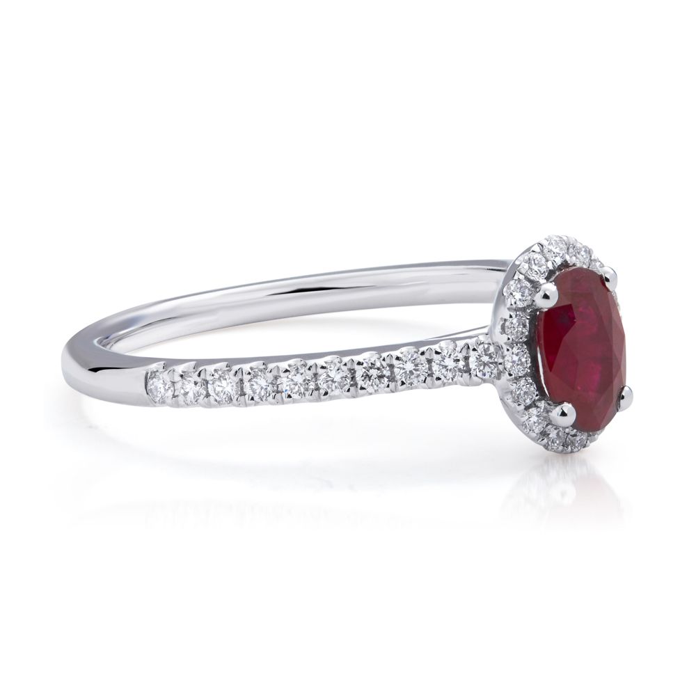 Oval Ruby and Diamond Halo Ring in 18K White Gold