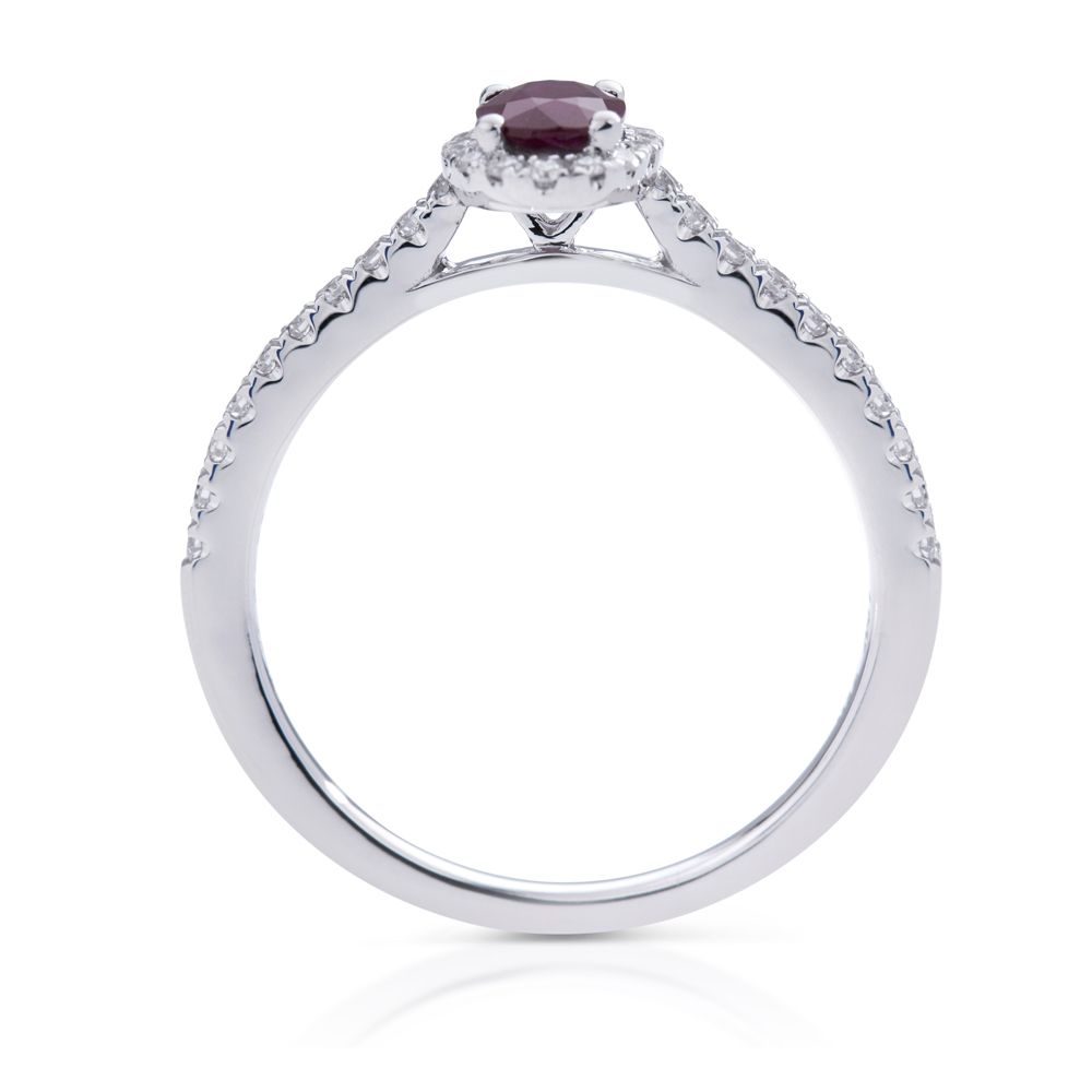 Oval Ruby and Diamond Halo Ring in 18K White Gold