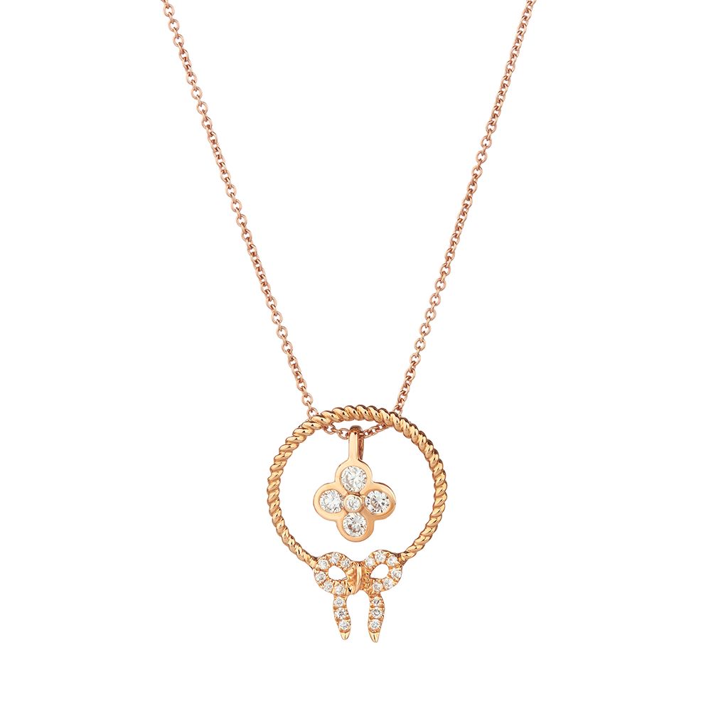 Diamond Love Knot Circle and Diamond Clover Pendant in 18K Rose Gold (0.23ct)