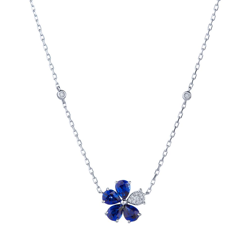 Sapphire and Diamond Flower Necklace in 18K White Gold