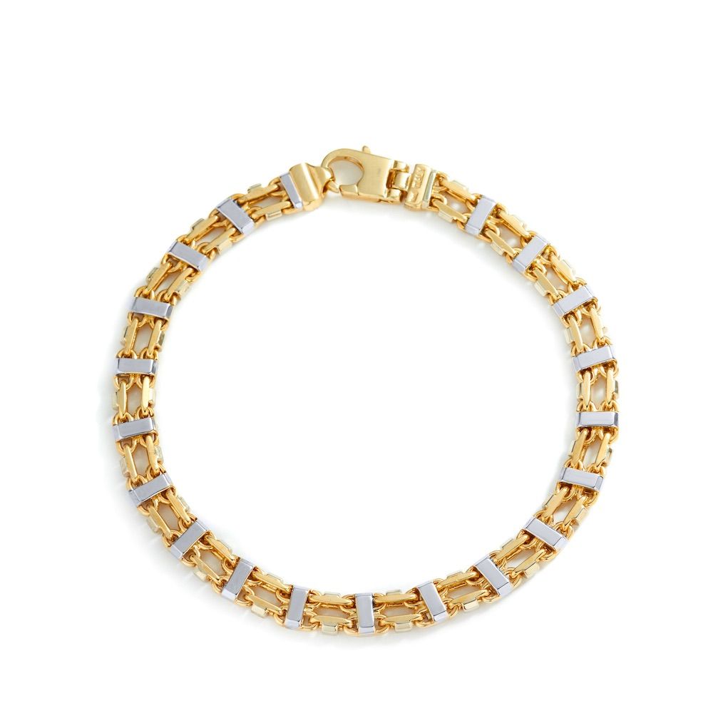 Two-Tone Fancy Railroad Link Bracelet in 14K Yellow and White Gold