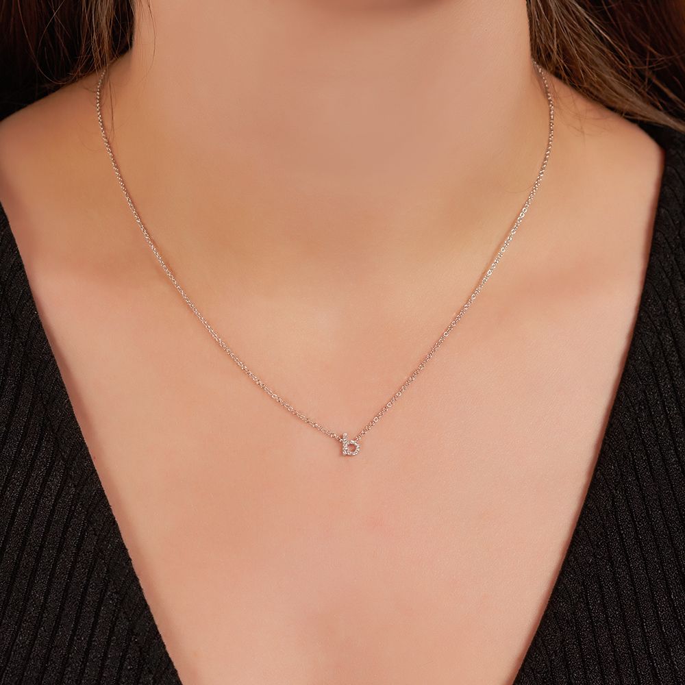 Petite Diamond "b" Initial Necklace in 14K White Gold