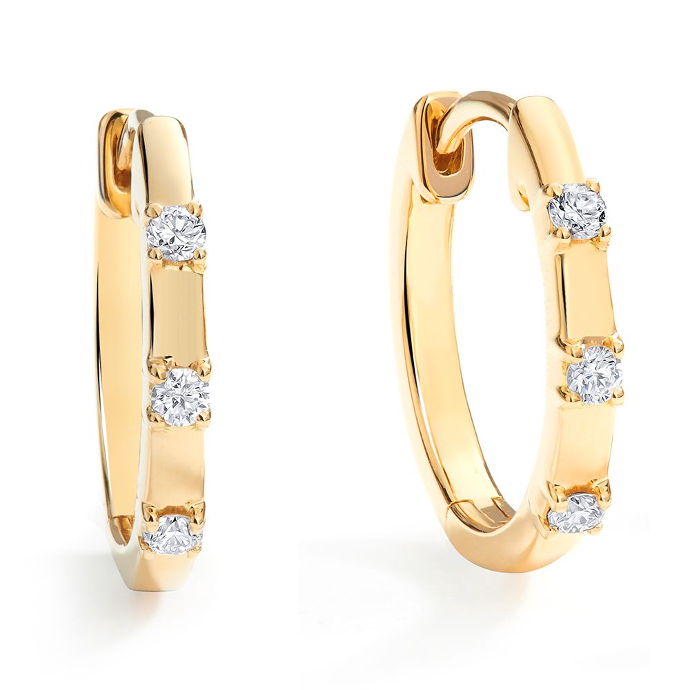 Three Diamond Petite Huggie Hoop Earrings in 18K Gold