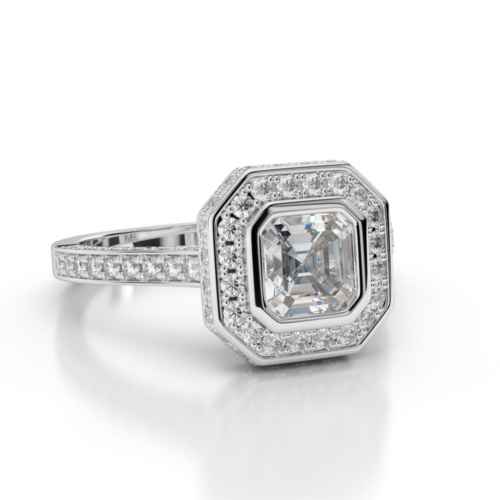 Asscher Cut Diamond Halo Engagement Setting With Side Stones