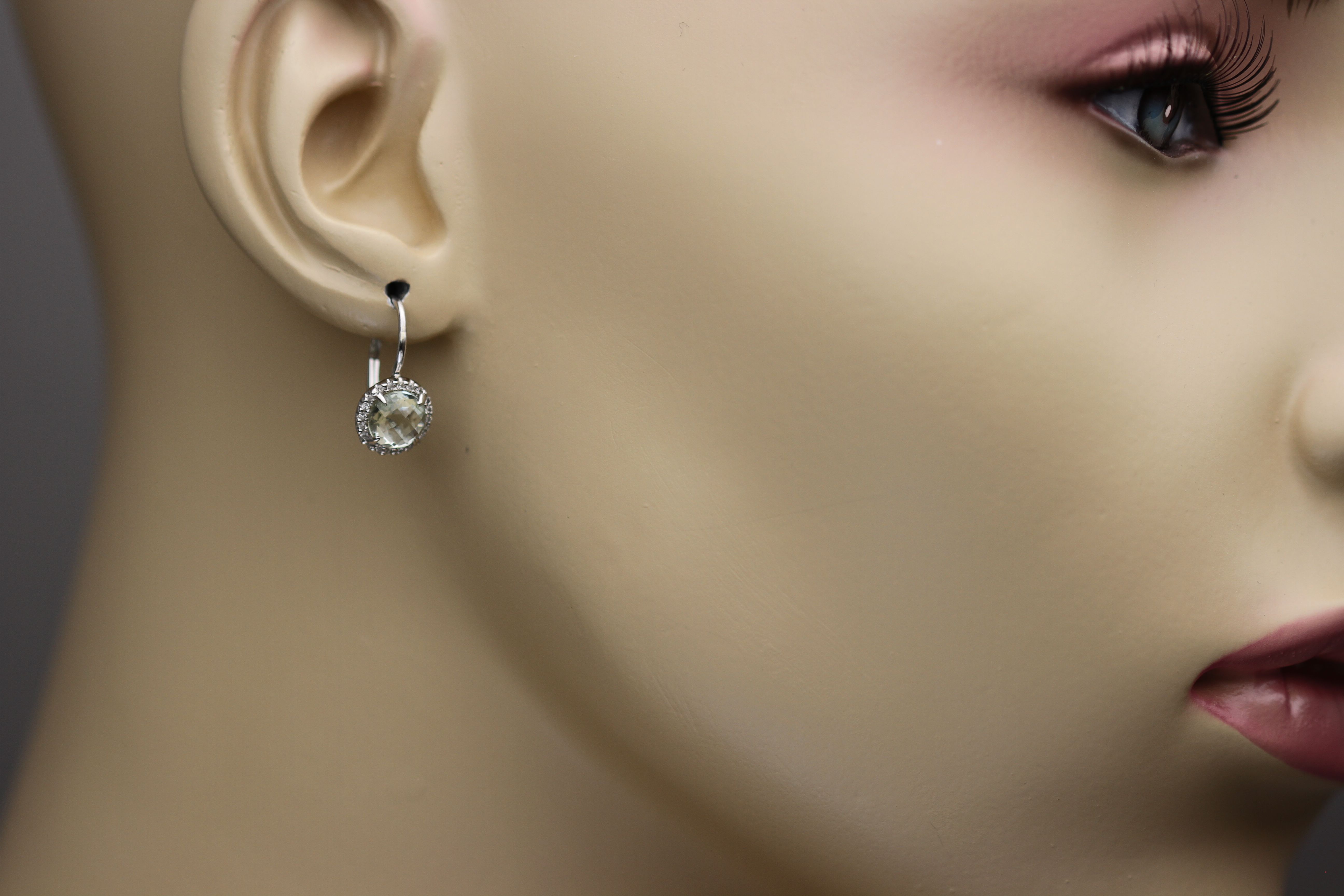 Green Amethyst and Diamond Halo Drop Earrings in 14K White Gold (7mm)