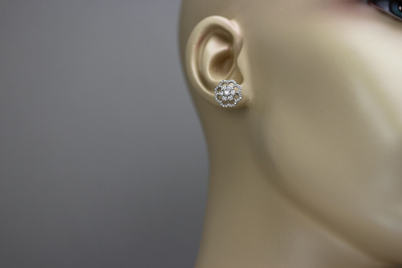 Floral Diamond Cluster Stud Earrings in 14K White Gold (1.04ct)