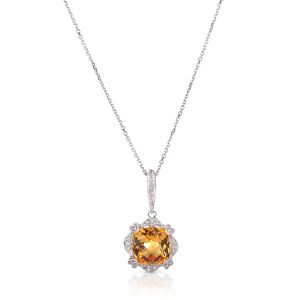 Cushion-Cut Citrine and Diamond Halo Pendant in 14K White Gold