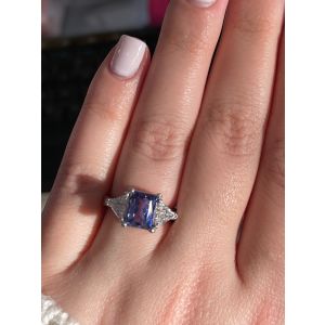 Three-Stone Tanzanite and Trillion Diamond Ring in Platinum