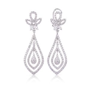 Double Halo Diamond Flower Chandelier Earrings in 18K White Gold (3.05ct)
