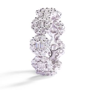 Baguette and Round Diamond Floral Eternity Ring in 18K White Gold (2.82ct)