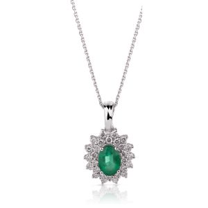 Emerald & Diamond Halo Pendant in 14K White Gold (7x5mm)