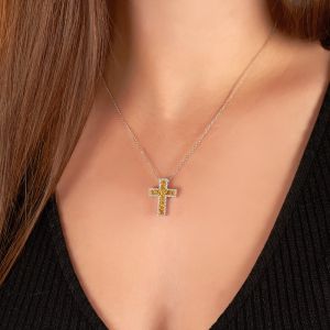 Fancy Yellow and White Diamond Cross Pendant in 18K White and Yellow Gold (2.02ct)