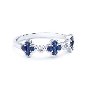Sapphire Clover and Diamond Ring in 18K White Gold