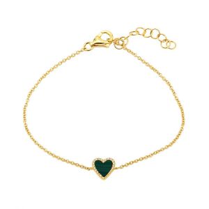 Mini Malachite Diamond Heart Bracelet in 14K Yellow Gold