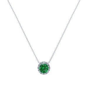 Round Emerald and Diamond Halo Pendant in 14k White Gold (8.3mm)